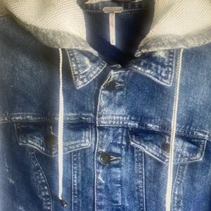 Free People Denim Jacket with Gray Knit Sleeves